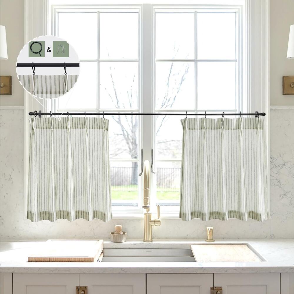LIMON HOME Striped Sage Green Pinch Pleat Small Kitchen Window Curtains 20"x 24"